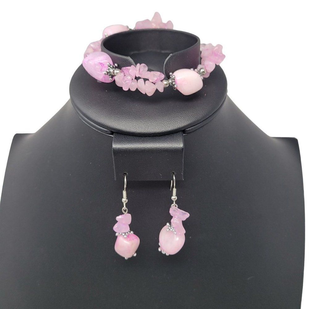Natural Gem 2pc Set Pink Quartz Drop Earrings Pierced Bracelet Love Healing Gift
